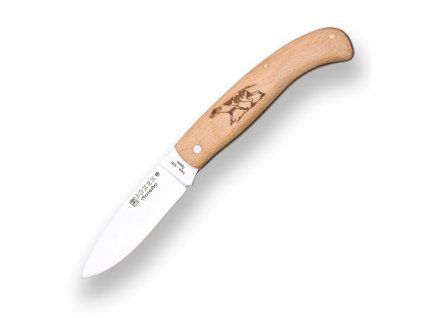 beech wood 8 cm non locking folding knife stainless steel blade pointer motive