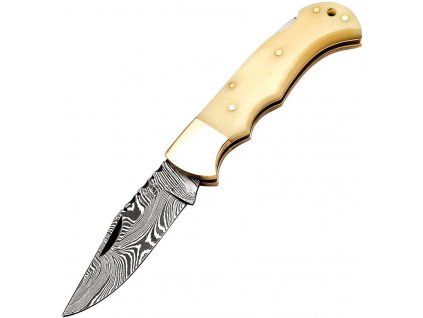 Damascus Smooth Bone Lockback Brass