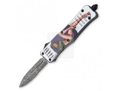 cobra otf pinup girl design damascus serrated